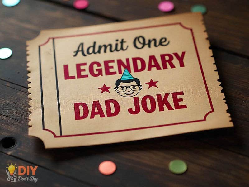 Funny handmade birthday card for dad designed as a movie ticket with dad joke theme.