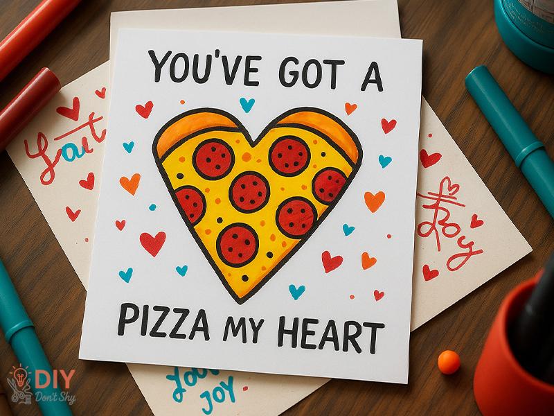 Funny homemade Valentine card for him with cute pizza pun illustration