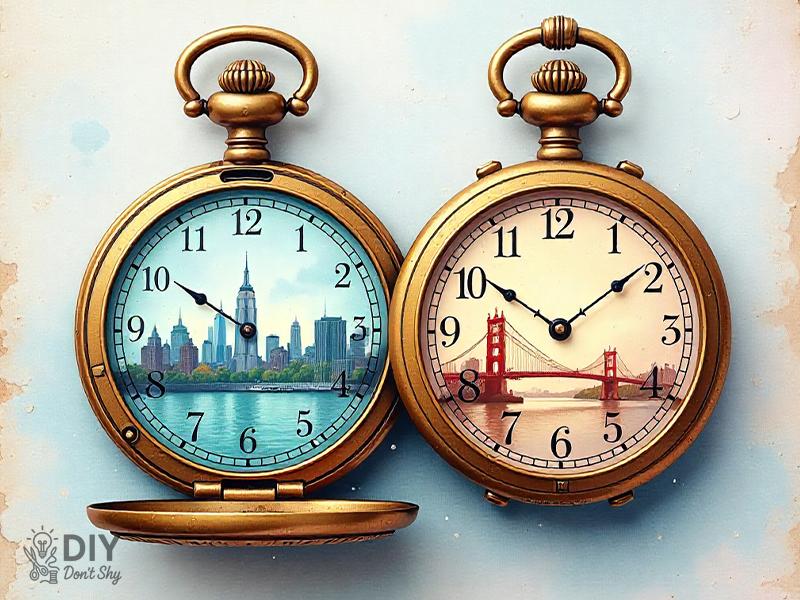 Handmade birthday card with two clocks showing reunion after years of distance.