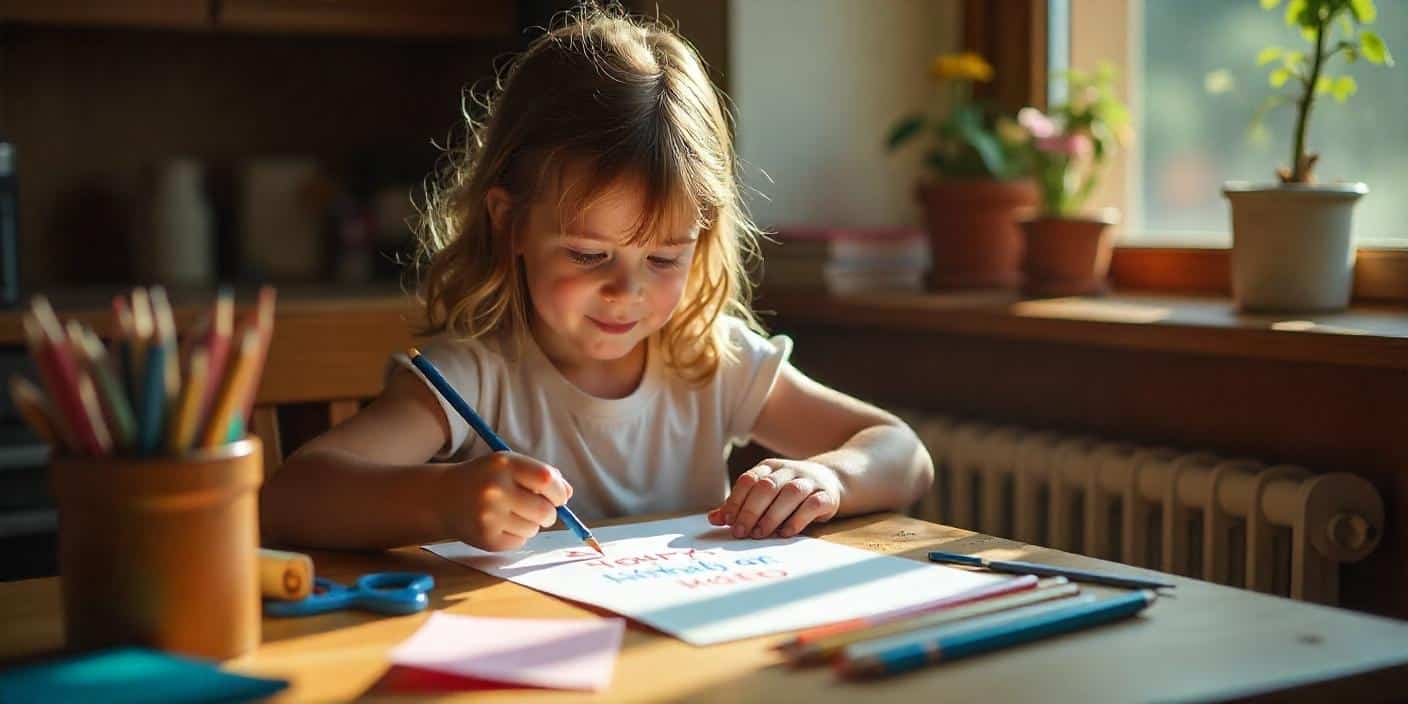 Handmade birthday card being created by daughter for her dad with art supplies on table.