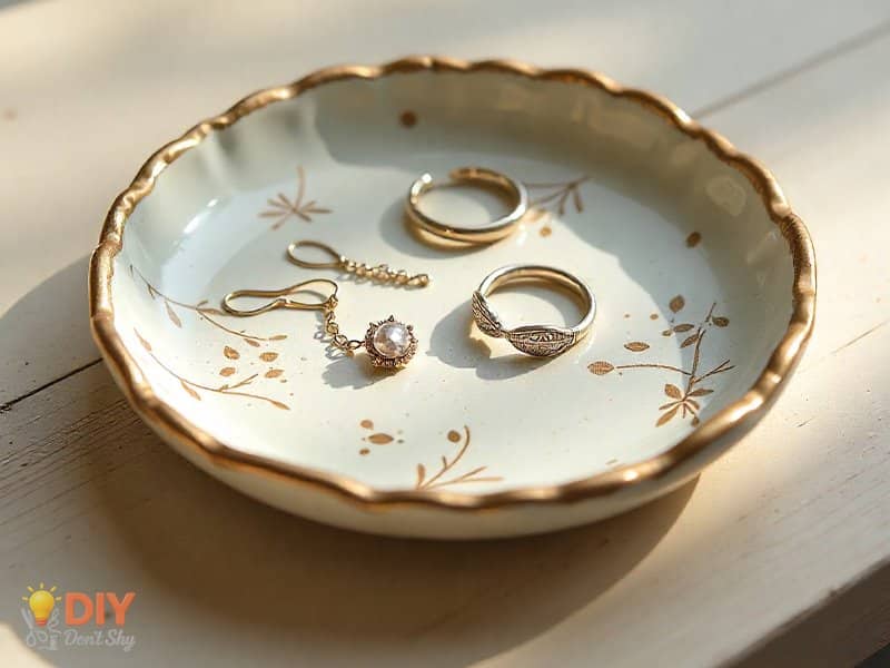 DIY clay jewelry dish with leaf imprint and gold accents, a simple and creative handmade gift for female friends.