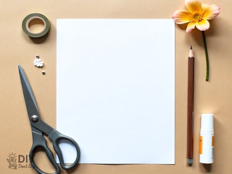 Flat lay of cardstock, scissors, pen, washi tape and pressed flower for DIY card making.
