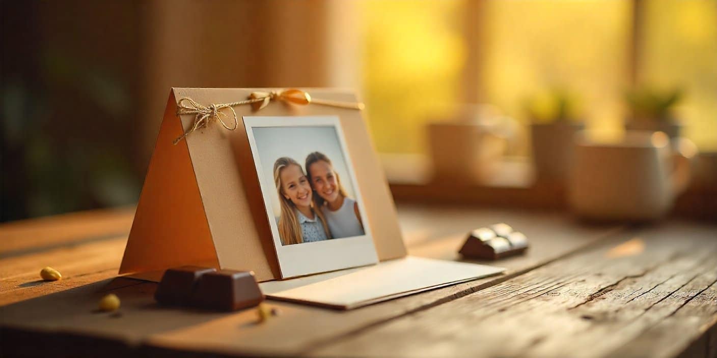 handcrafted birthday card with photo of sisters on a wooden table — DIY birthday card for sister.