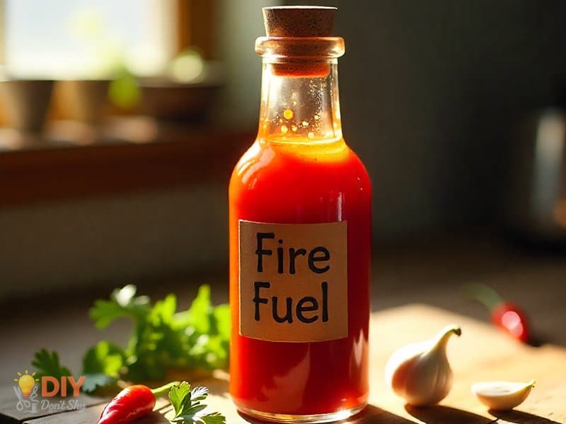 Homemade hot sauce in a glass bottle with custom label, a fun DIY birthday gift idea for male friends.