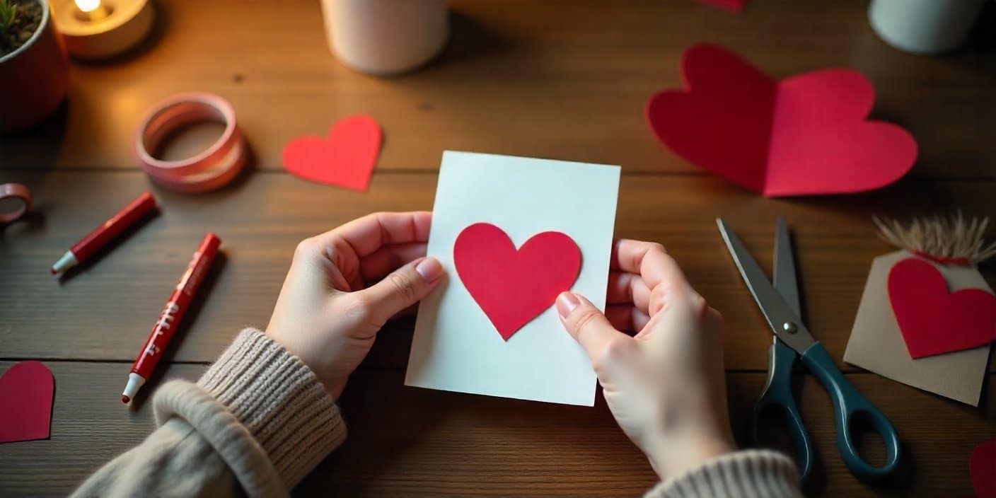 Homemade Valentine card for him with red heart cutouts and handwritten love note