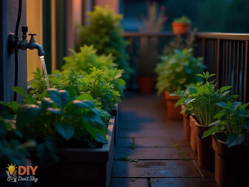 Outdoor drip irrigation system with timer for watering plants over three months.