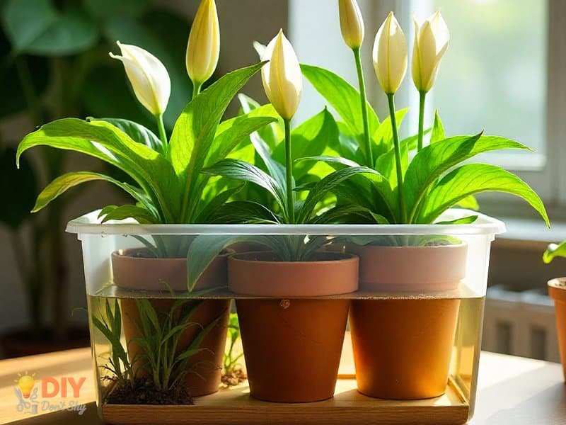DIY storage tote watering station keeping plants alive for one month.