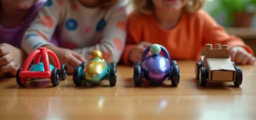 Homemade toy cars powered by rubber band, balloon, battery motor, and cardboard design, displayed together on a wooden table.
