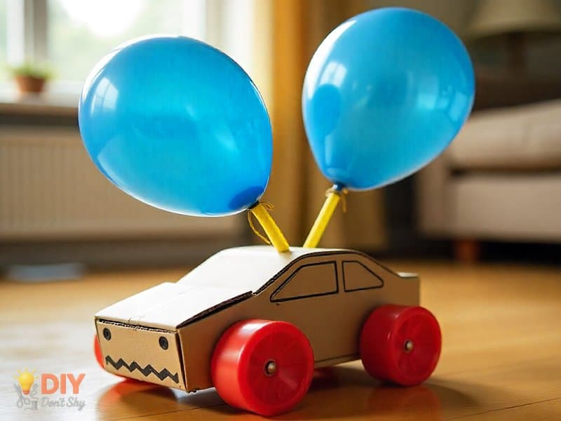 Homemade balloon powered toy car with inflated balloon and bottle-cap wheels, a fun DIY science project.