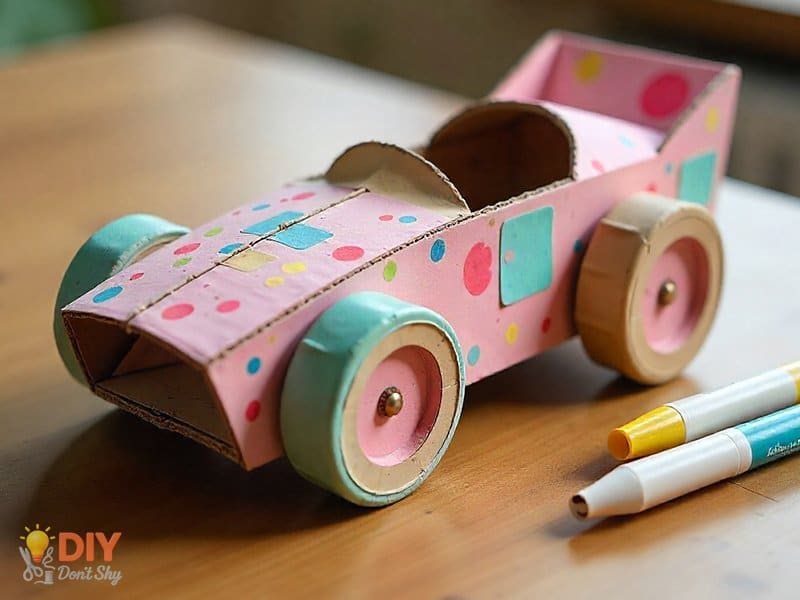 Handmade cardboard toy car with bottle-cap wheels and decorations, powered by a rubber band twist mechanism.