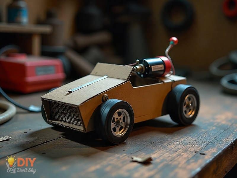 DIY motor and battery powered toy car with wires and gear system, built from cardboard and simple parts.