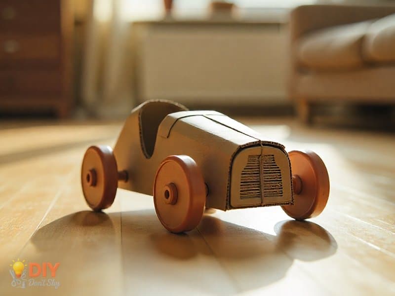 DIY rubber band powered toy car made from cardboard, bottle caps, and pencils, ready to roll.