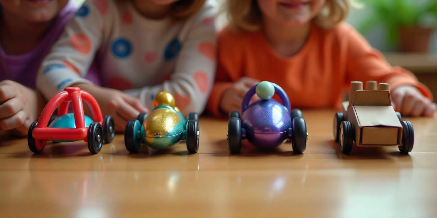 Homemade toy cars powered by rubber band, balloon, battery motor, and cardboard design, displayed together on a wooden table.
