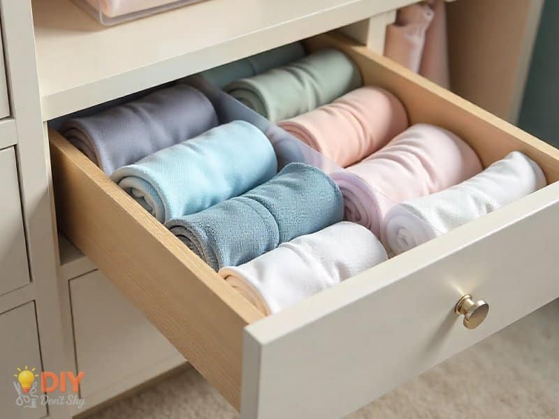 Organized closet drawer with dividers holding rolled shirts, socks, and accessories for clutter-free storage.