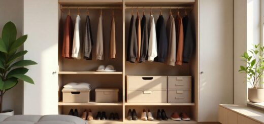 Neatly organized small closet with slim hangers, storage bins, and clear shoe boxes for smart space-saving design.
