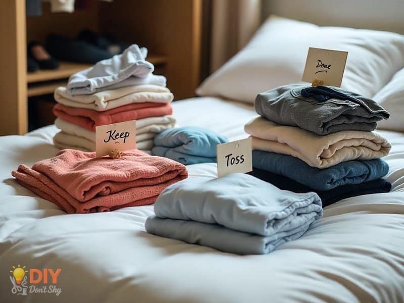 Emptying a small closet with clothes sorted into keep, donate, and toss piles on a bed for decluttering and organization.