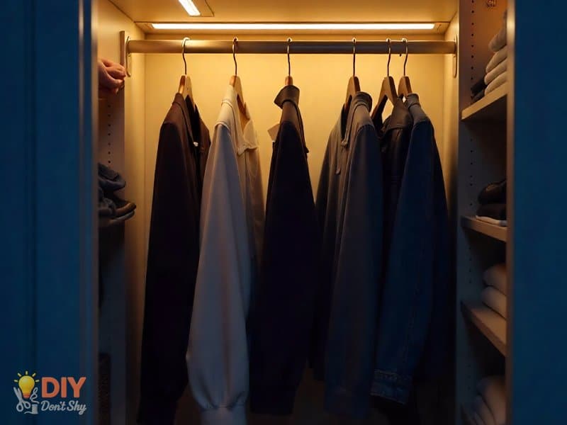 Small closet with LED motion-sensor lights installed for better visibility and easy access to clothes.