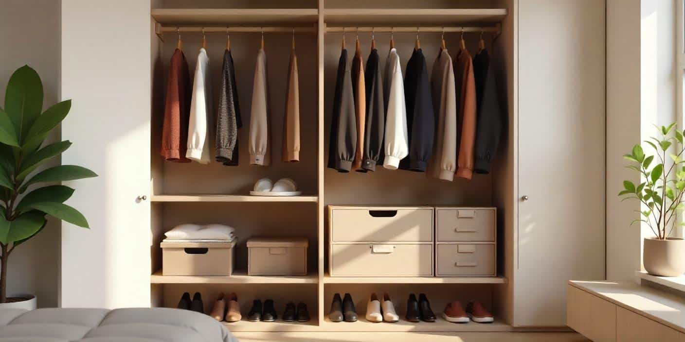 Neatly organized small closet with slim hangers, storage bins, and clear shoe boxes for smart space-saving design.