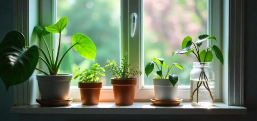 Indoor plants with DIY self-watering systems like jars and bottles for vacation care.