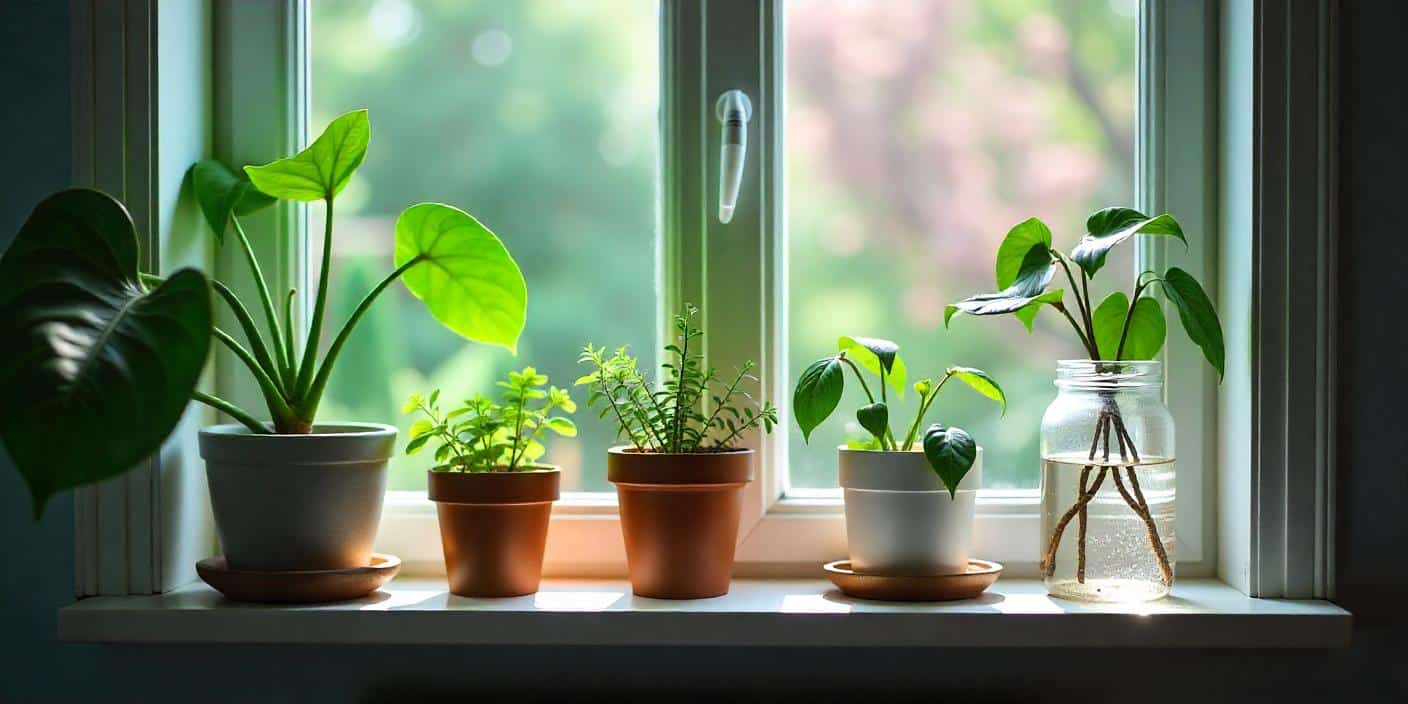 Indoor plants with DIY self-watering systems like jars and bottles for vacation care.