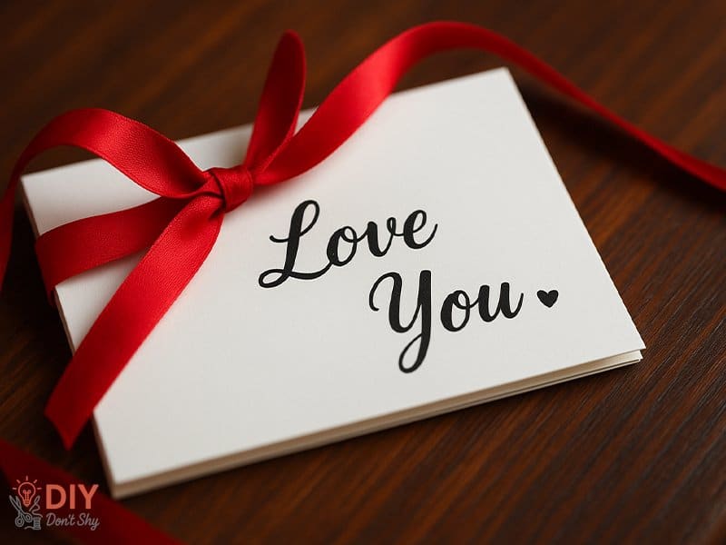 Minimal homemade Valentine card for him with simple red ribbon on white cardstock