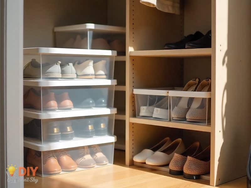 Shoes neatly stored in clear boxes and stackable organizers for a tidy and space-saving closet.