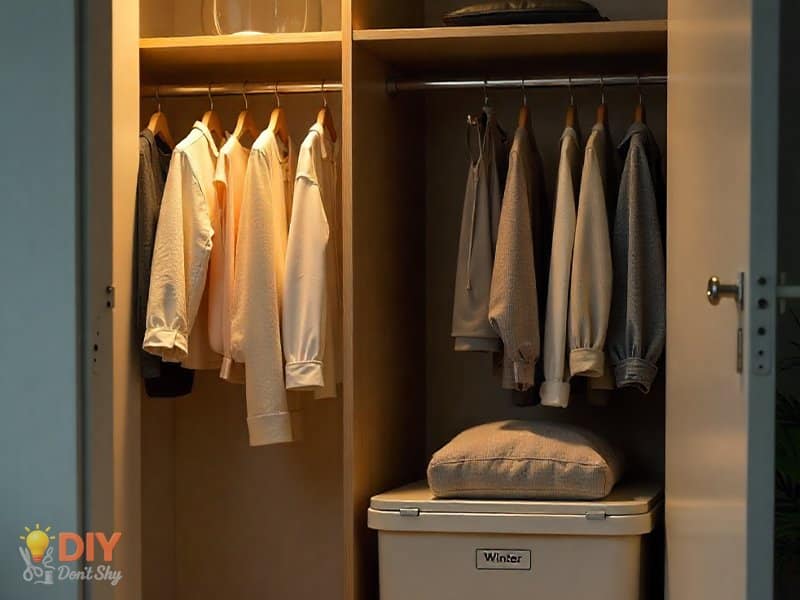 Closet showing seasonal clothing rotation with summer clothes up front and winter items stored in bins.