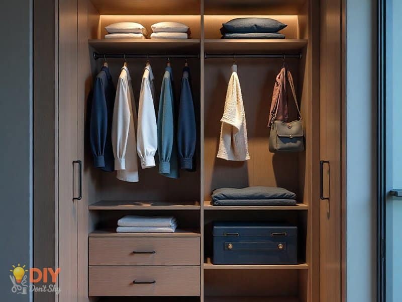 Small closet organized with double hanging rods, shelf risers, and door hooks to maximize vertical storage space.