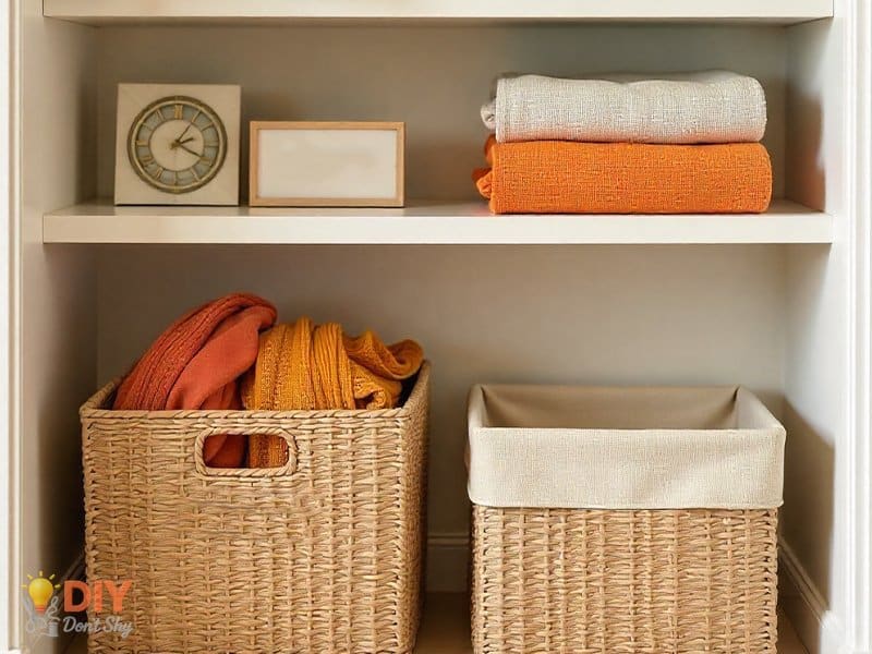 Closet shelves with matching baskets and labeled bins for stylish and functional organization.