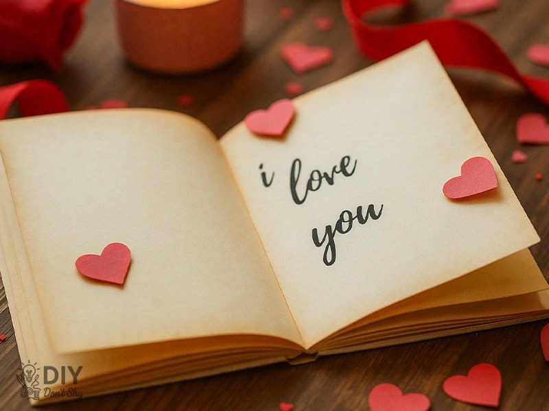 Romantic homemade Valentine card for him with red heart cutouts and sweet love note