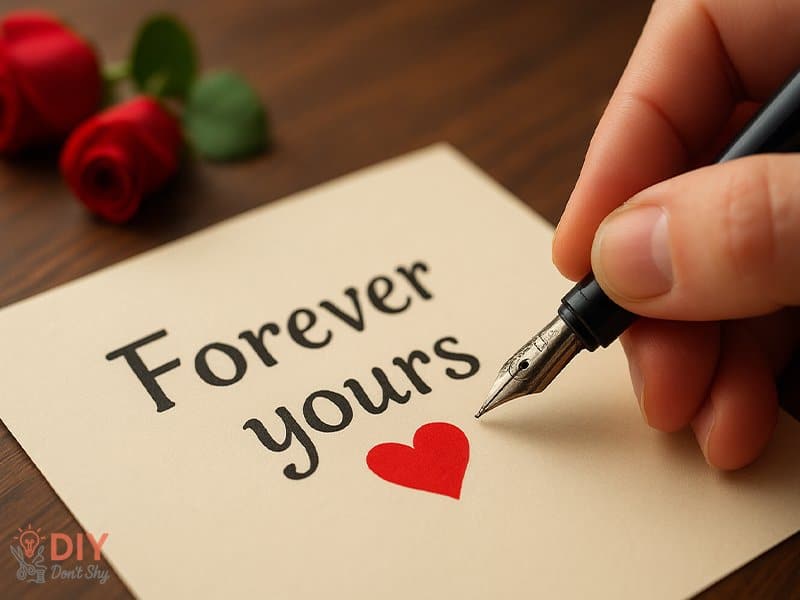 Homemade Valentine card for him with romantic handwritten message saying Forever yours