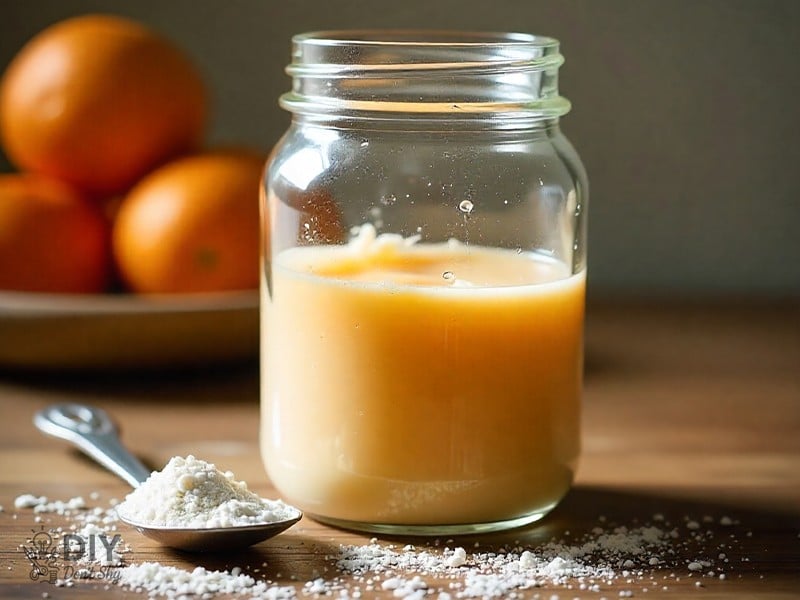 Basic homemade dishwasher detergent with baking soda and washing soda stored in a glass jar.