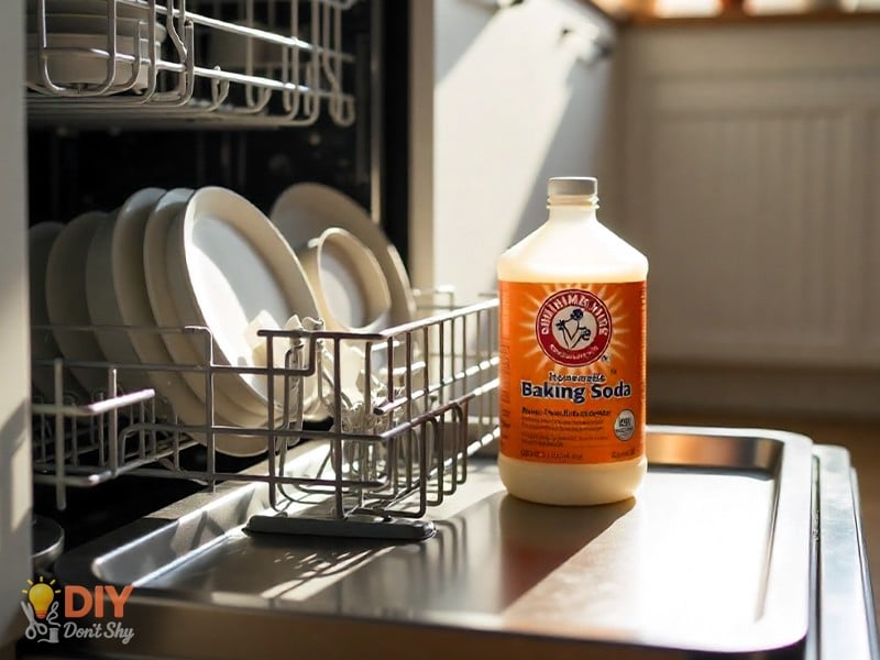 Dishwasher rinse aid section filled with vinegar alongside homemade baking soda detergent.