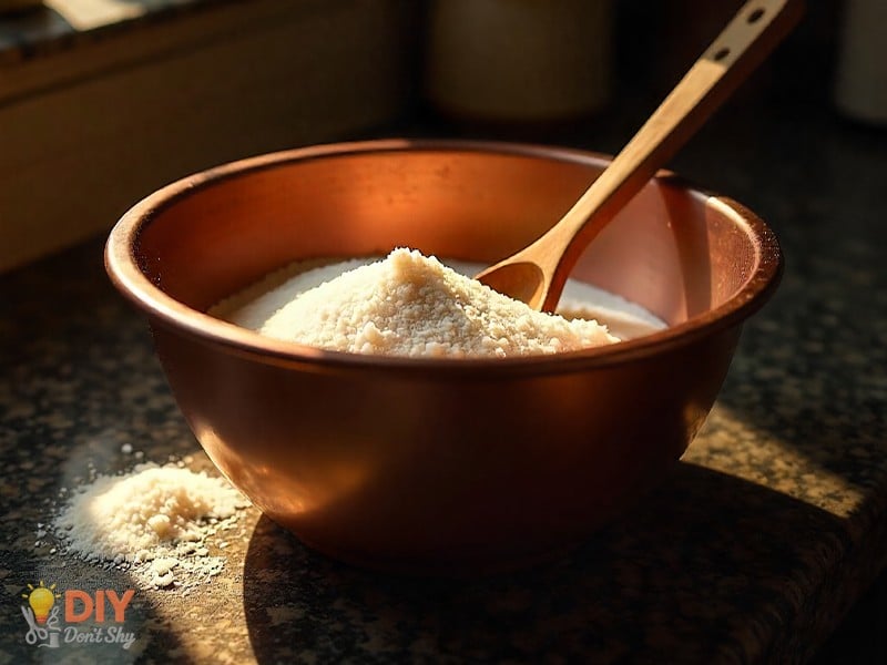 Homemade dishwasher detergent without borax made from baking soda, citric acid, washing soda, and salt.