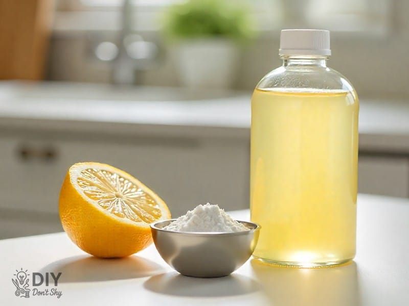 Natural dishwasher detergent with citric acid and baking soda stored in a glass jar.