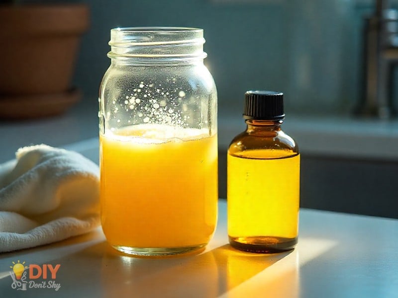 Homemade dishwasher detergent for hard water with lemon essential oil and vinegar rinse aid.