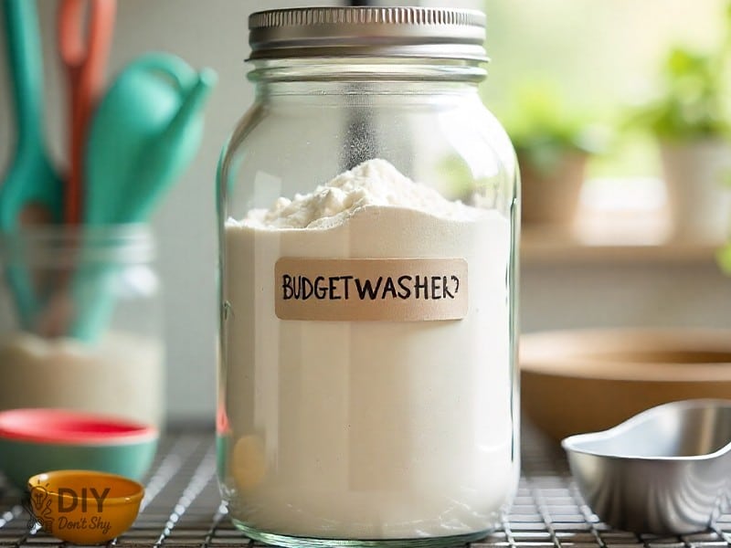 Budget-friendly homemade dishwasher detergent for families stored in a mason jar with measuring spoons.