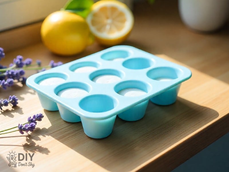 Homemade dishwasher detergent tablets drying in silicone molds with natural scents.