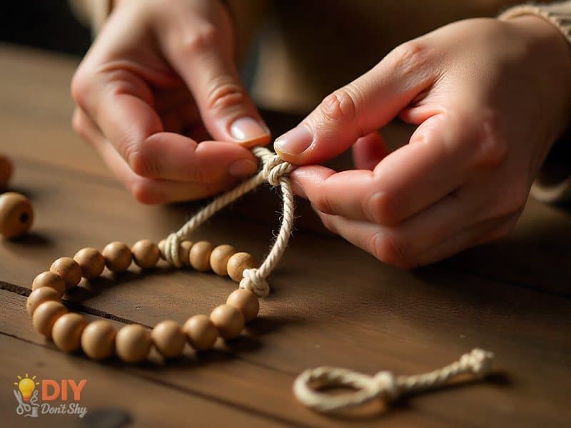 Hands tying macrame square knots to create an adjustable bracelet clasp.
