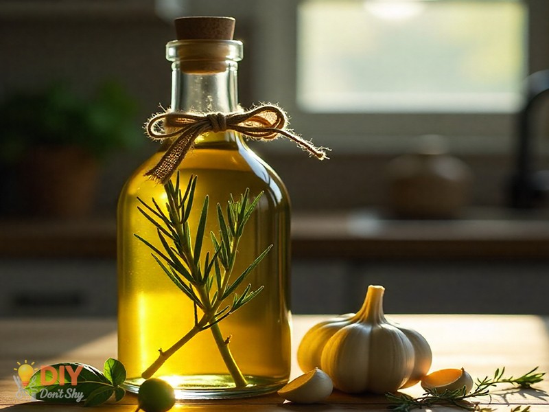 Homemade infused olive oil in a glass bottle with herbs and ribbon on kitchen counter.