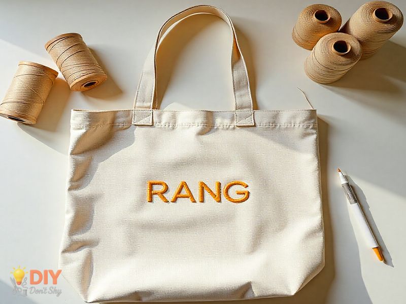 Canvas tote bag with embroidered initials on a wooden table with craft supplies.