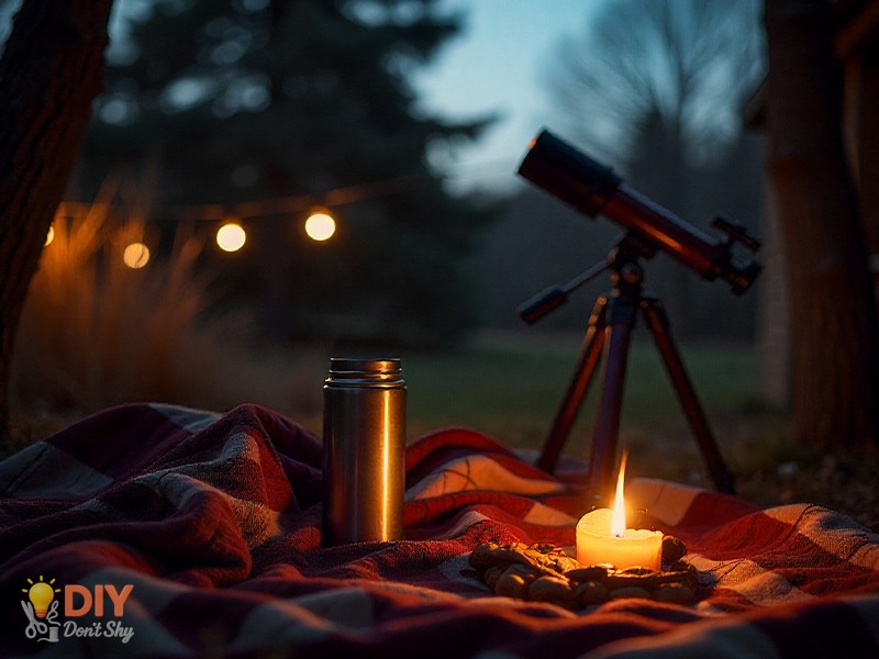 Backyard stargazing night setup with telescope and blanket for anniversary.