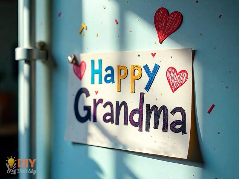 Colorful handmade birthday card with bold letters and sports theme created by a grandson for grandma.