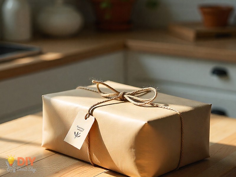 Birthday gifts wrapped with grocery paper, newspaper, and fabric scraps as quick wrapping hacks.