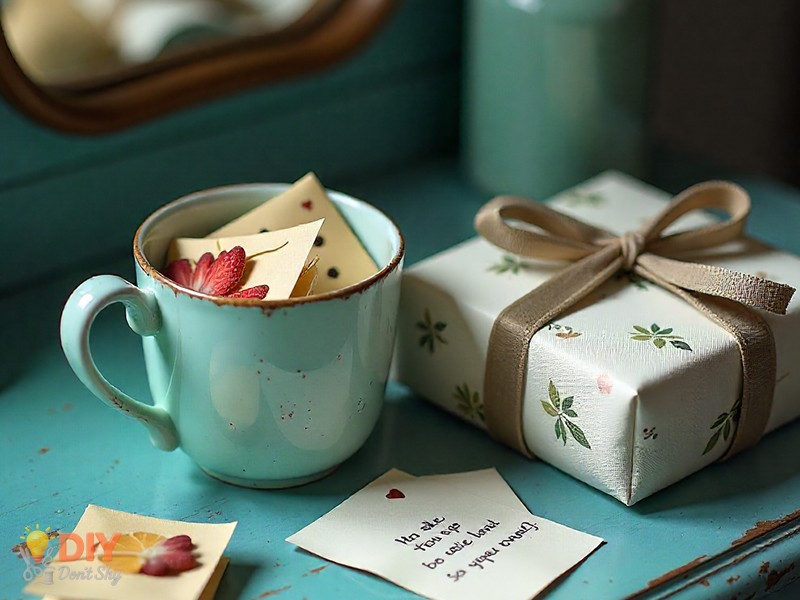 Mug filled with tea bags and handwritten note as quick last-minute birthday gift idea.