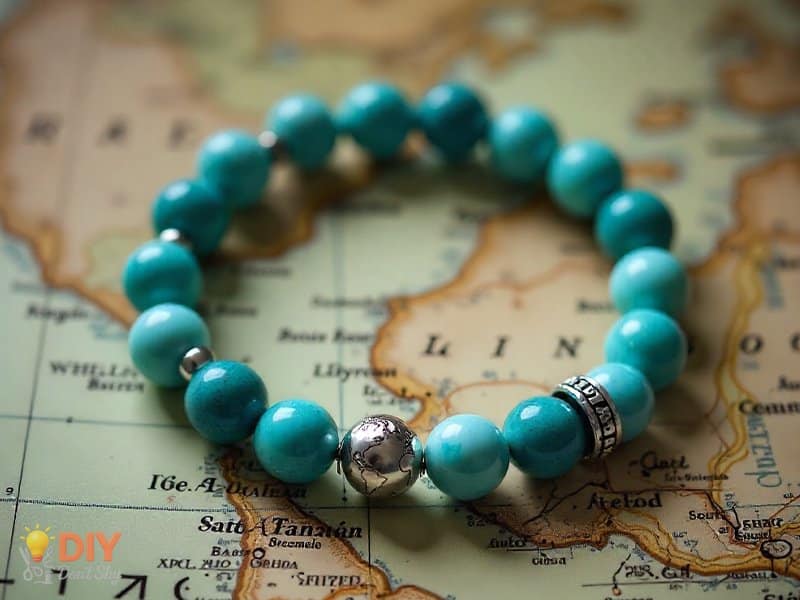 Traveler bracelet with blue beads and a globe charm displayed on a world map.