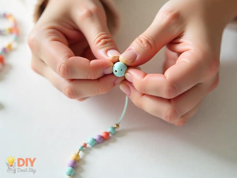 Step-by-step process of making a professional beaded elastic bracelet with string and beads.