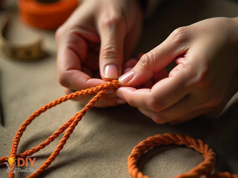 Braiding two bead-strung cords and one plain cord into a seed bead bracelet.