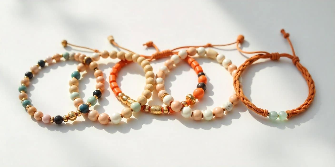 Collection of handmade bracelets made with beads and strings in various styles