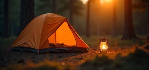 Cozy campsite with a well-pitched tent and lantern, showing practical camping hacks for comfort and efficiency.